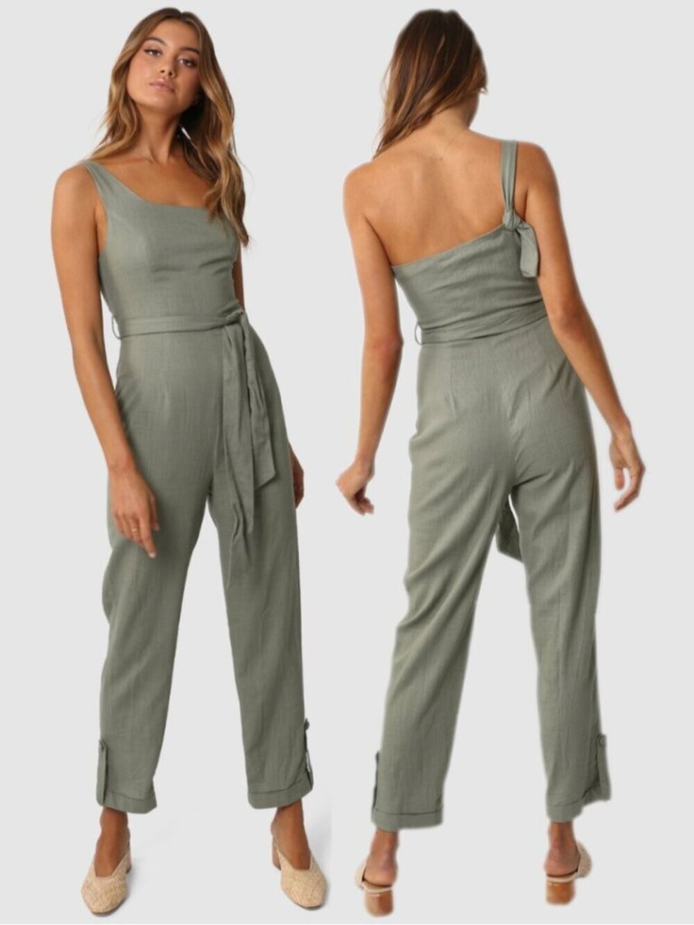 Lost in Lunar Sage Green Linen Blend One Shoulder Jumpsuit